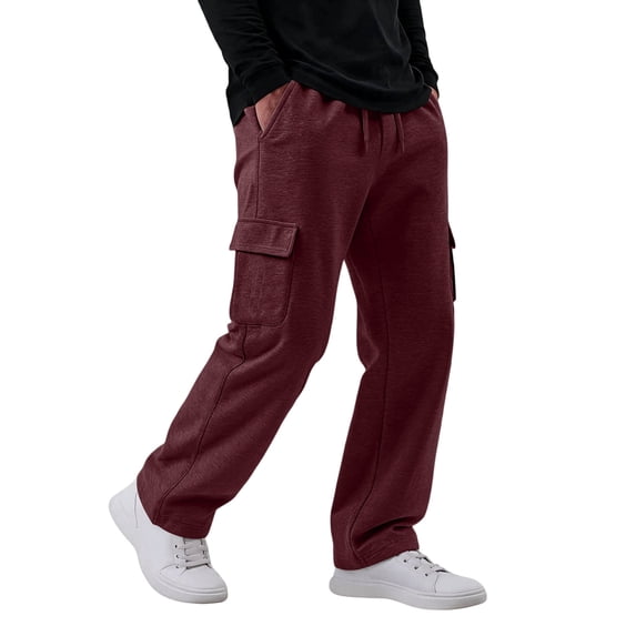 Loose Wide Leg Sweatpants for Men Elastic Waist Cargo Jogger Pants with Side Cargo Pockets for Fall Wine M