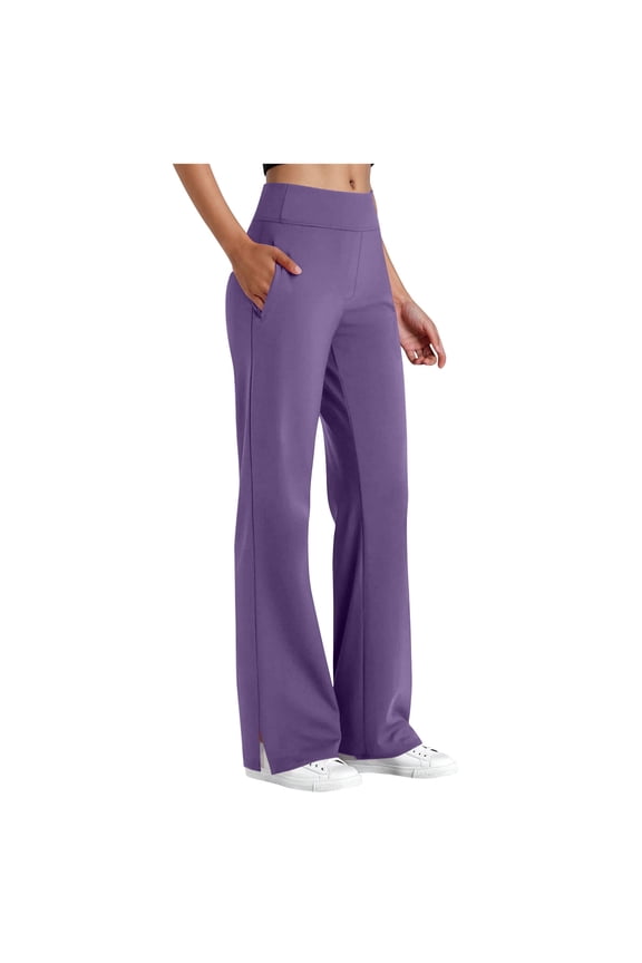 Straight Leg Women Pants High Elastic Waist Linen Slit Hem Pants with Pockets for Work, Yoga, Casual Days