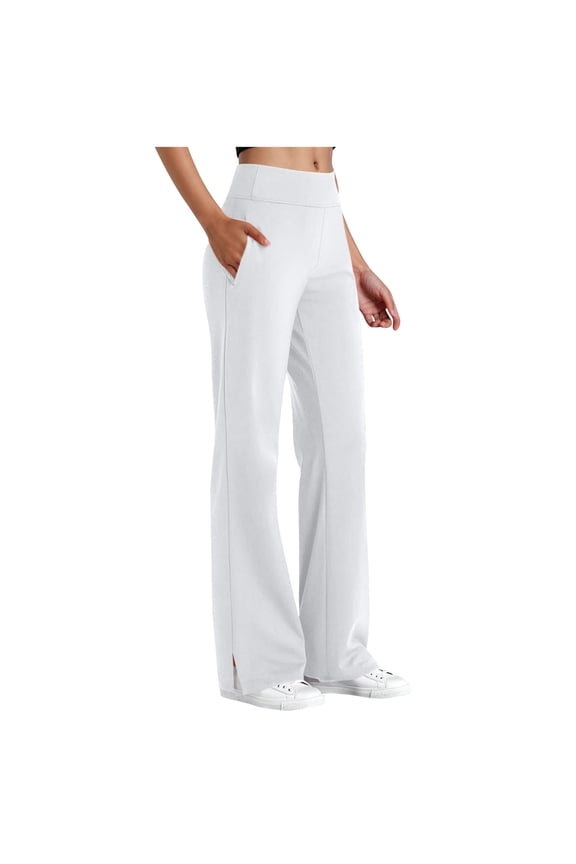 Straight Leg Women Pants High Elastic Waist Linen Slit Hem Pants with Pockets for Work, Yoga, Casual Days