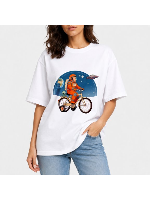Loose Women Cotton Tee, Monkey Astronaut Bicycle Alien UFO Earth Retro Space Cartoon T-Shirt