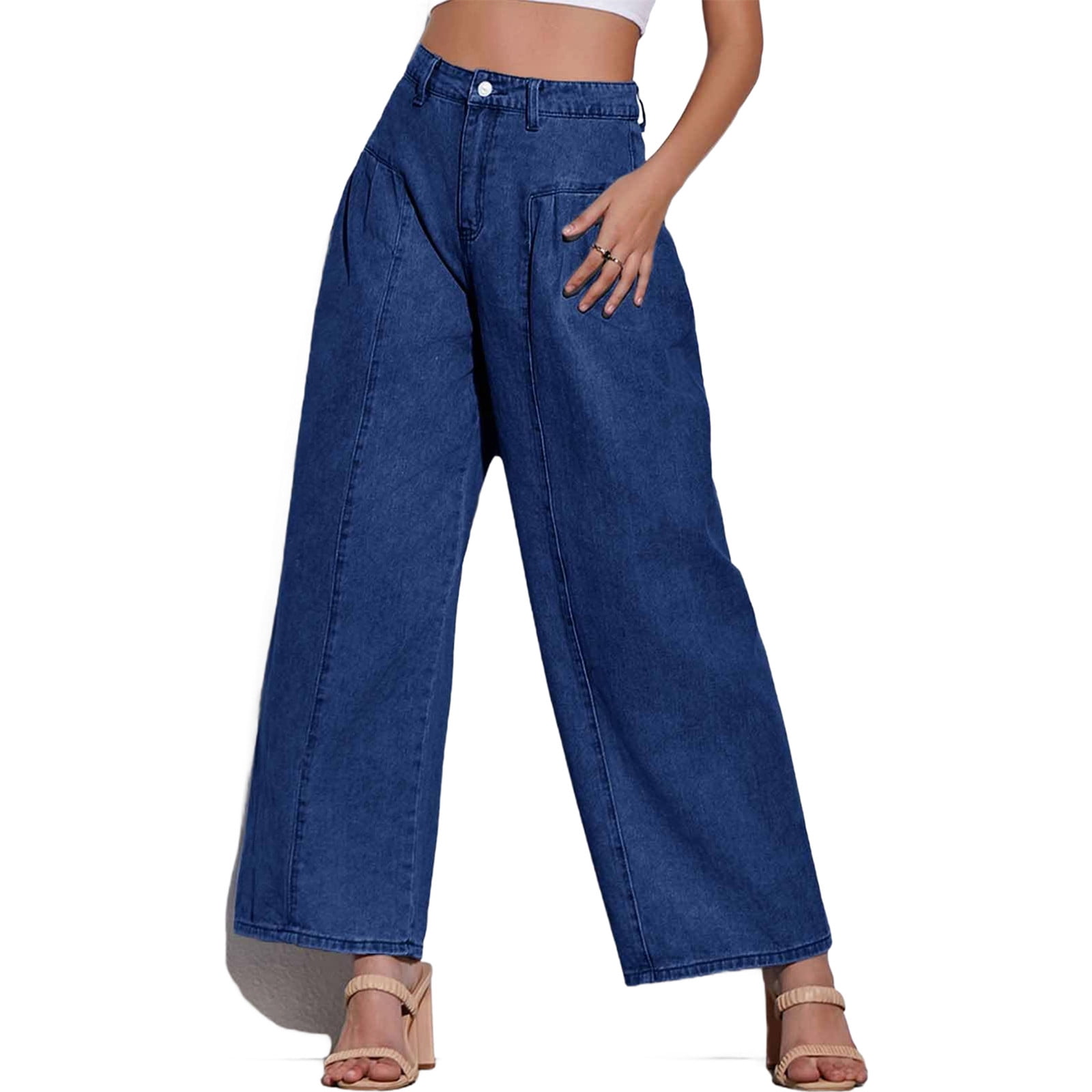 Loose Women High Waist Casual Jeans Boyfriend Wide Leg Side Pleat Denim ...