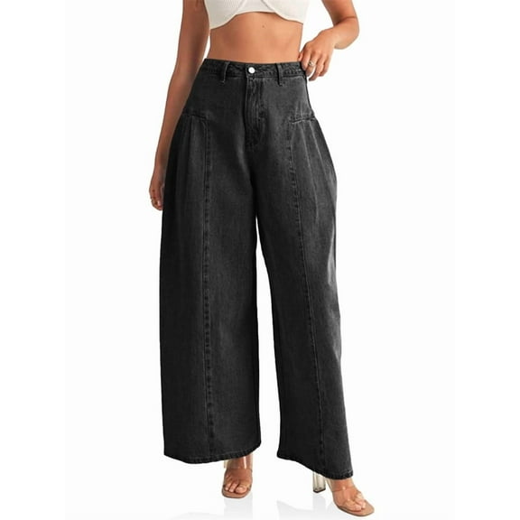 Loose Women's High Waist Casual Jeans Boyfriend Wide Leg Side Pleat Denim Trousers