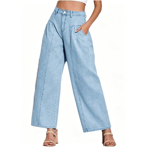 Loose Women High Waist Casual Jeans Boyfriend Wide Leg Side Pleat Denim Trousers