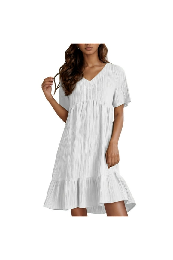 Sundresses for Women Over 50 Knee Length Cotton Linen Ruffle Tiered Layered Smock Midi Dresses V Neck Short Sleeve Work Beach Dresses White L