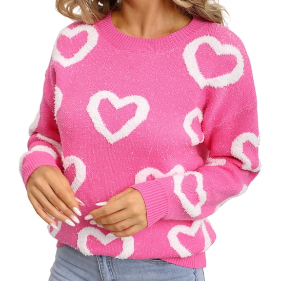 Loose and Laid-Back Female Round-Neck Pullover with Heart-Shaped Color Contrast Sweater, Valentine's Day Pullover Knitted Sweater, Trendy Rose Red M