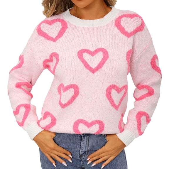 Loose and Laid-Back Women's Round-Neck Pullover with Heart-Shaped Color Contrast Sweater, Valentine's Day Pullover Knitted Sweater, Trendy White S