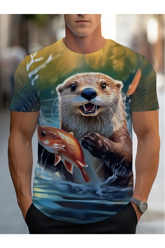 Loose and comfortable design men's print otter and fish pattern T-shirt - bright otter and fish forest design, breathable short sleeve crew neck, light summer casual wear