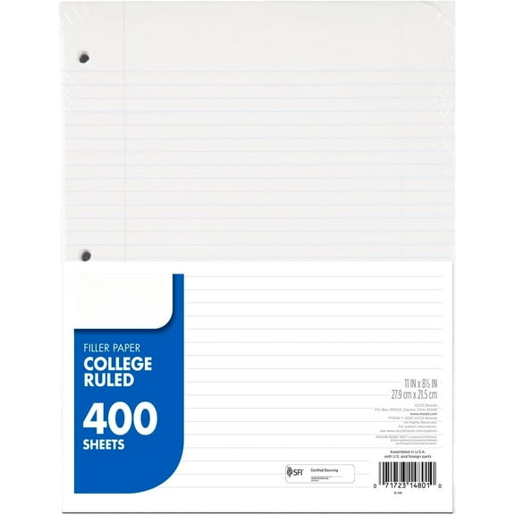 Loose-leaf Paper, College Straight Grain Filled Notebook Paper for 3 Ring Binder
