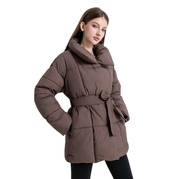 Loose waist jacket mid-length puffer Coat (M, Brown)