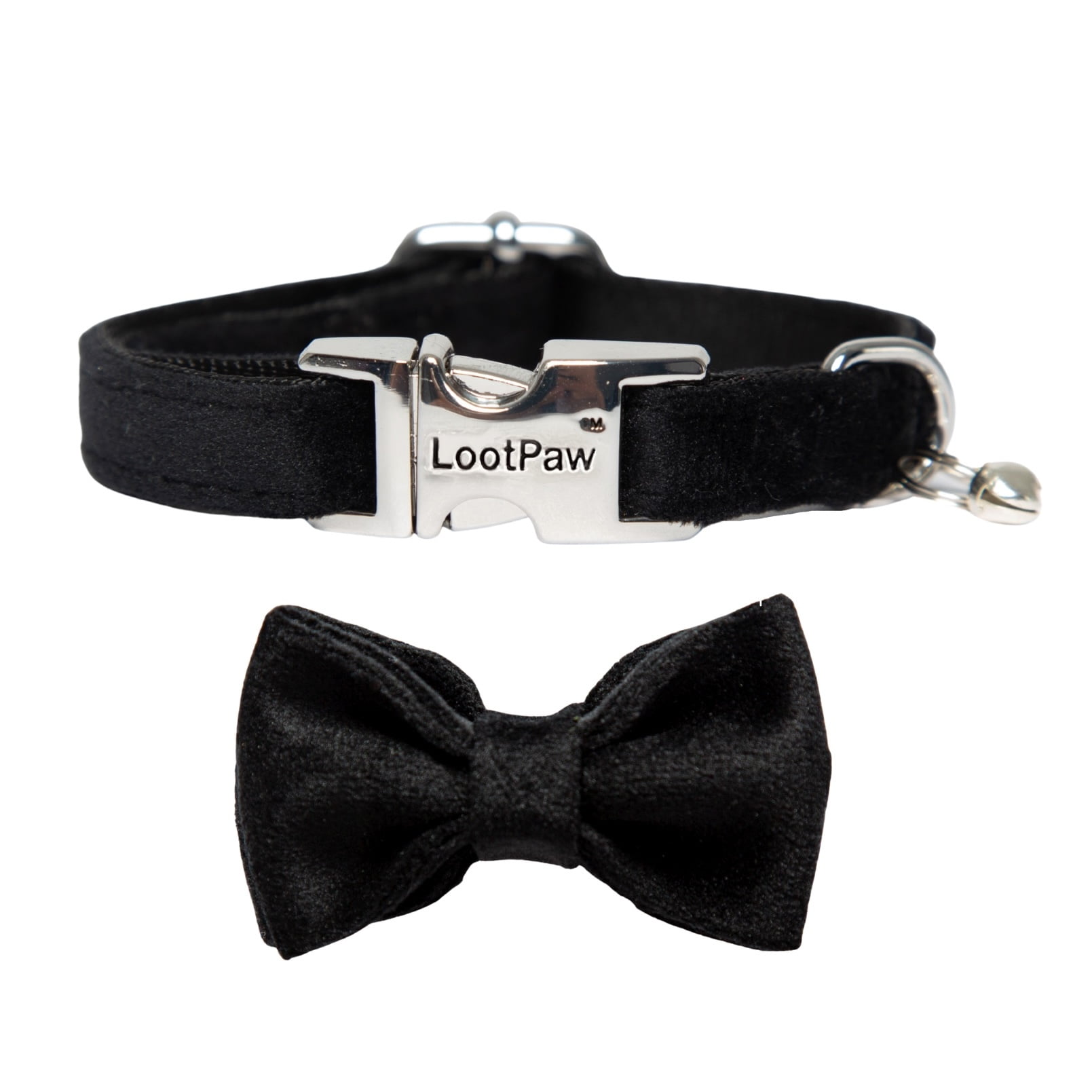 LootPaw Velvet Black Cat Collar with Bell and Bow Tie
