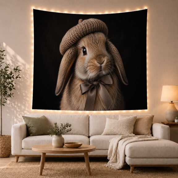 Lop Rabbit Portrait With Beanie and Bow Cozy Illustration Style for Rabbit Lovers Whimsical Wall Decor Housewarming Gift Tapestry Wall Hanging for Bedroom and Nursery