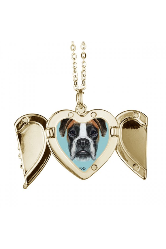 Boxer Dog Pet Animal Folded Wings Peach Heart Pendant Necklace