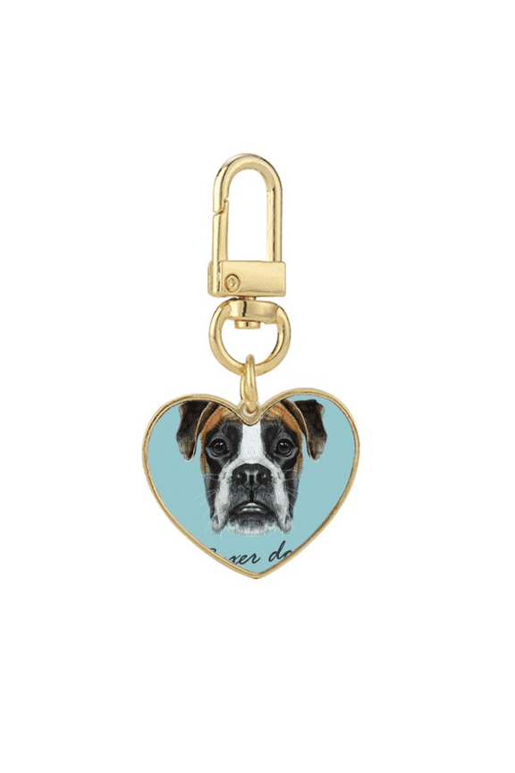 Lop-eard Boxer Dog Pet Animal Gold Heart Keychain Metal Keyring Holder