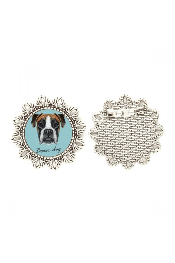 Lop-eard Boxer Dog Pet Animal Silver Flower Brooch Hook Pin Breastpin