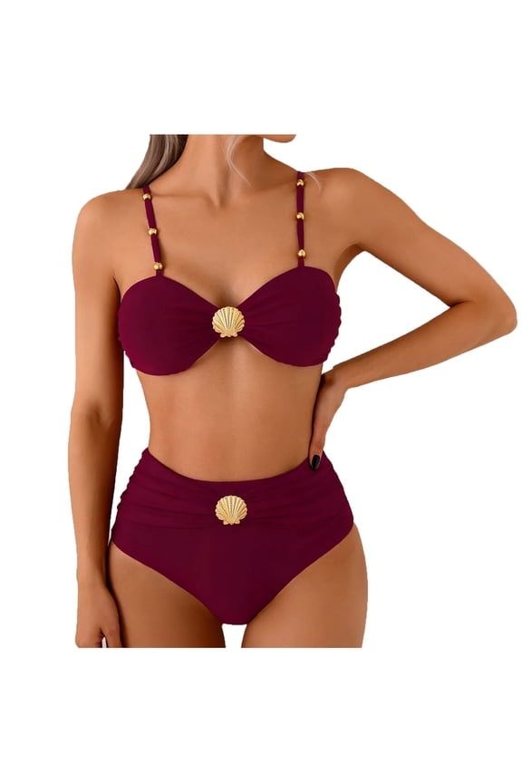 2 Piece Bikini For Women Fashion Gold Shell Ruched Adjustable Strap Swimsuit And High Waist Tummy Control Bottom