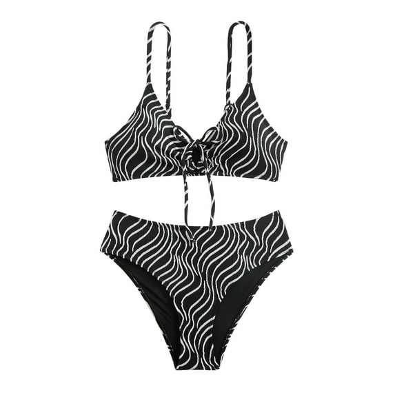 Lopeceal 2 Piece Bikini For Women Sexy Color Block Striped Textured Hollow Out Drawstring Push Up Swimsuit And Bottom