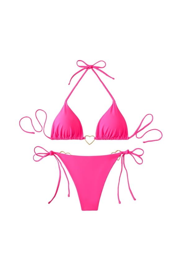 2 Piece Womens Bikini Set Heart Metal Ring Linked Halter Swimsuit with Side-Tie Thong Bottom Sexy Cute Cheeky