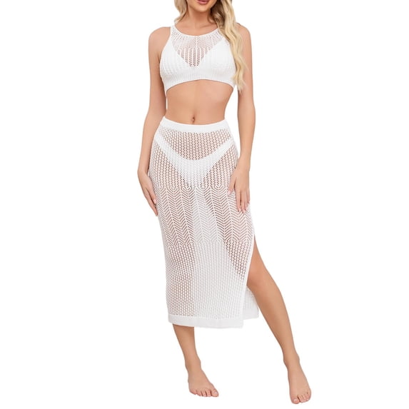 Lopeceal 2Pc Swimsuit Cover Up For Women Crochet Hollow Out Crop Bikini Cover Up Top And Slit Midi Skirt Elegant Fashion
