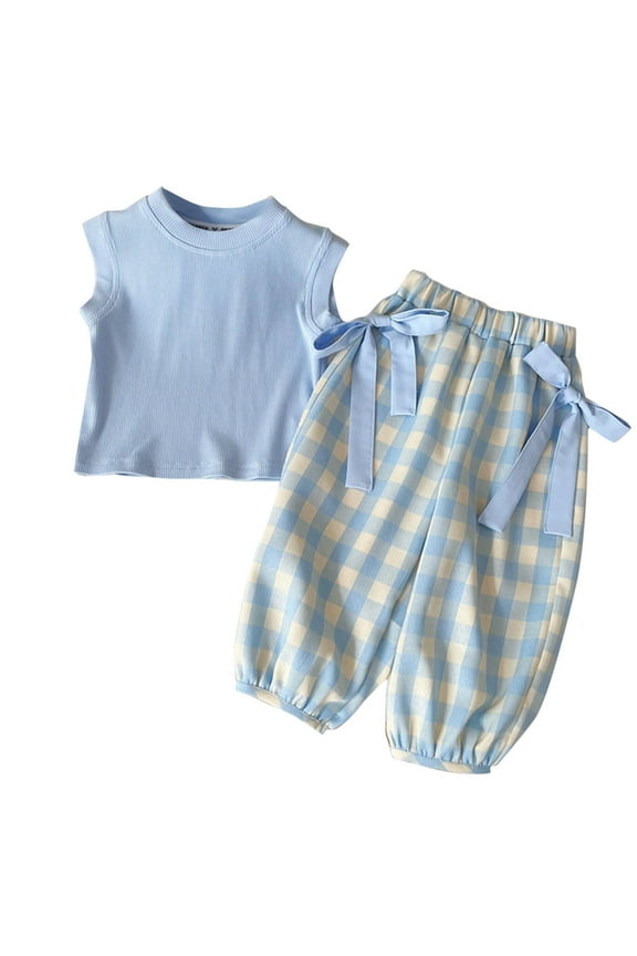 3 Piece Cute Girls Outfits Soft Ribbed Knit Round Neck Tank Top and Bow Tie Side Ginham Bloomers with Bag Sweet 1-11Y