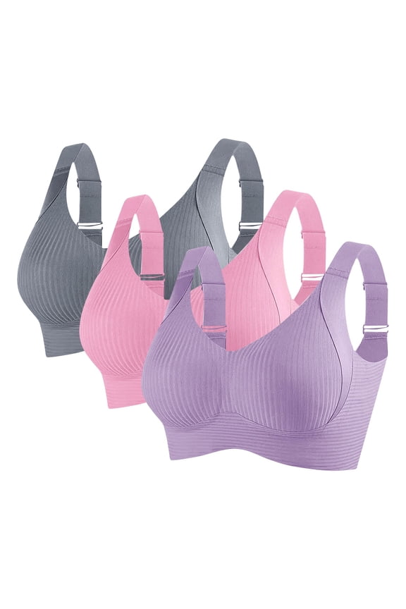 3Pc Women Plus Size Sports Bra Wireless Ribbed Breathable Quick Dry Sweat Wicking Medium Support Push Up Lifting Bra