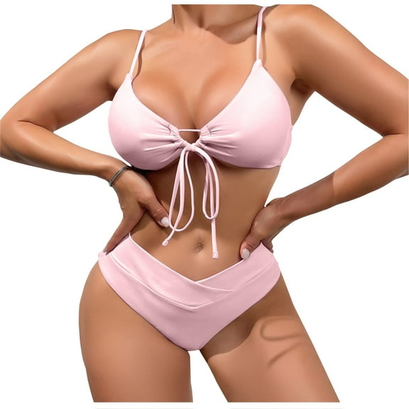 Lopeceal Bikini Set for Women Tie Front Triangle Bathing Suits, Solid V Neck Two Piece Swimsuits High Waisted V Cut Bottom