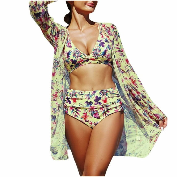 Lopeceal Bikinis Sets for Women Casual 3 Piece Swimsuit Tropical Beach Cover up Kimono Swimwear Bathing Suit with Boy Shorts