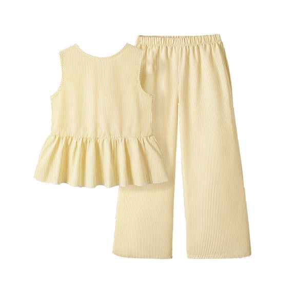 Lopeceal Girls 2 Piece Outfits Striped Ruffle Trim Criss Cross Back Button Down Crew Neck Tank Top with Wide-Leg Pants 8-12Y
