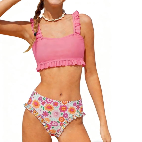 Lopeceal Girls 2 Piece Swimsuit ruffle Strap Bathing Suit with Floral Prints Bottom Cute Summer Beach Swimwear 6-15Y