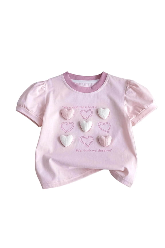 Girls Puff Sleeve Tops 3D Heart Sweet Printed Pullover Summer Tops Cheeky Soft Comfortable Casual Everyday 6M-8Y