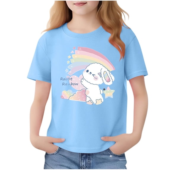 Lopeceal Girls Short Sleeve Graphic T-Shirt Rabbit Rainbow Printed Crew Neck Pullover Tops Cute Sweet Casual Summer Shirt 2-13Y