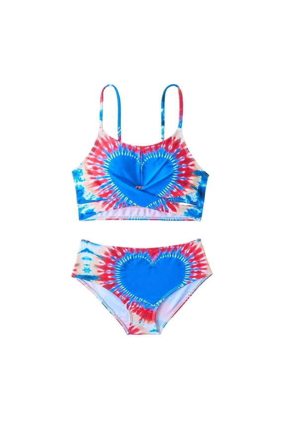 Girls Tankini Set Two Piece Cheeky Tie Dye Heart Twist Front Cut out Swimsuit Adjustable Straps with Bottom 6-14Y