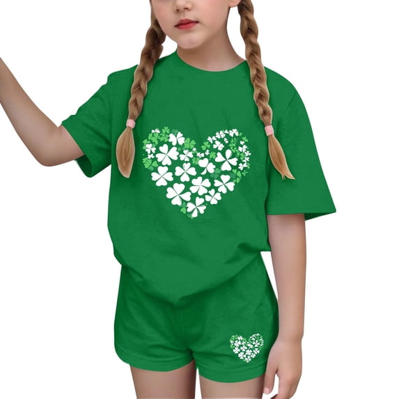 Lopeceal Girls Two Piece Outfits Heart-shaped Print Pullover Crew Neck Top with Short Casual Athletic Wear Multicoloured 4-15Y