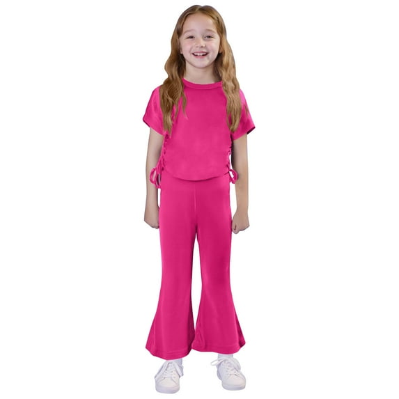 Lopeceal Kids Girls Outfit Sets Drawstring Tie Side Crew Neck Fitted Short Sleeve with Flare Pants Casual Cute Cheeky 12M-8Y
