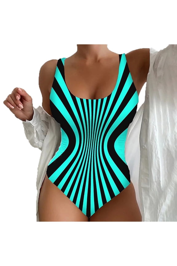 One Piece Swimsuit Scoop Neck Striped Print with High Waisted Cut Out Monokini Retro Tummy Control Bikini Set