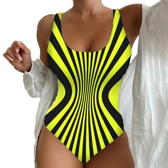 Lopeceal One Piece Swimsuit Scoop Neck Striped Print with High Waisted Cut Out Monokini Retro Tummy Control Bikini Set