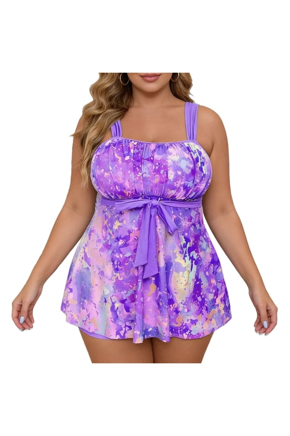Plus Size Tankini for Women Printed Pleated bustier Bow Tie Front Swim Top with Boyshort Sweet Cheeky Beach Vacation