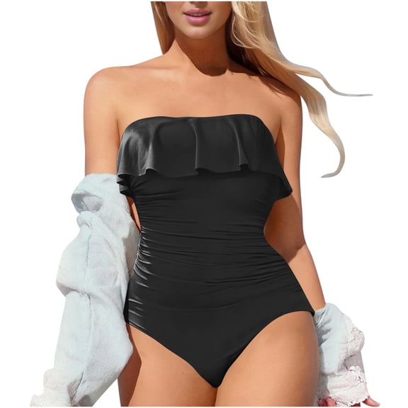 Lopeceal Strapless One Piece Swimsuits for Women Tummy Control Bandeau Bathing Suits Ruffle Slimming Swimwear