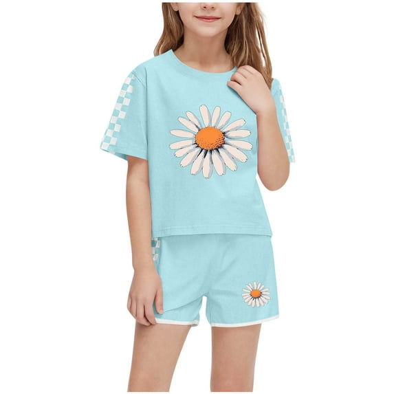 Lopeceal Summer Girls 2 Piece Outfits Printed Crew Neck Loose Short Sleeve Top and Tie Front Shorts Casual Everyday 5-14Y