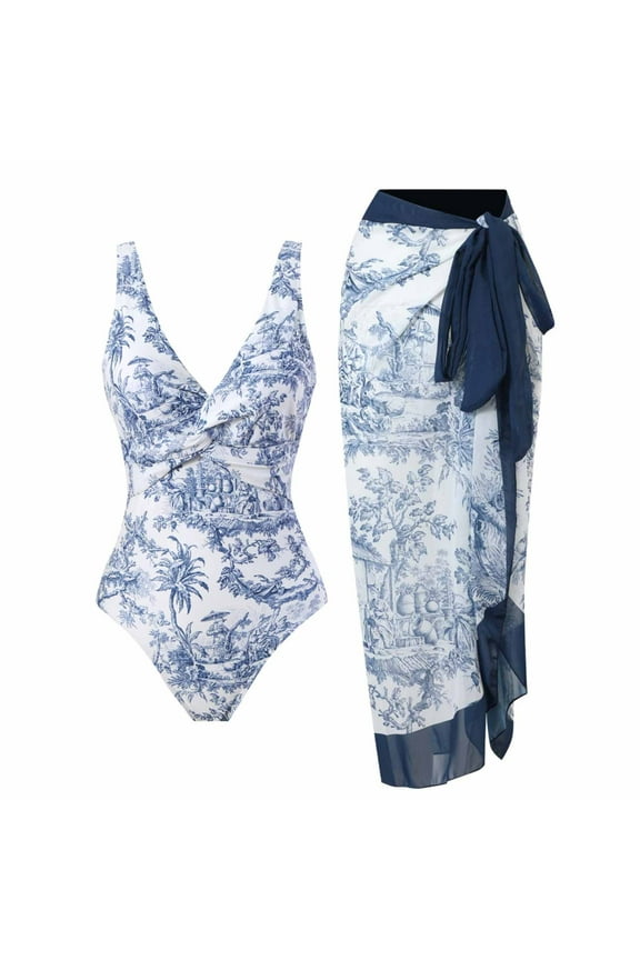 Swim Suits for Women Bathing Suit with Maxi Wrap Skirts 2 PC Floral Print Swimsuit Tummy Control One-Pieces Sets