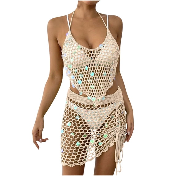 Lopeceal Swimsuit Cover Up For Women 2 Piece Sexy Sequin Crochet Hollow Out Bikini Halter Top Cover Up With Drawstring Skirt