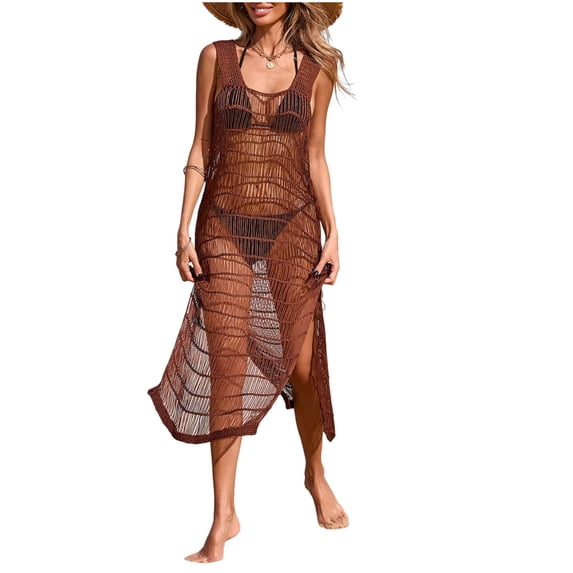 Lopeceal Swimsuit Cover Up For Women Sexy Crochet Hollow Out High Slit Sleeveless Bikini Cover Up Dress Summer Beach Vacation