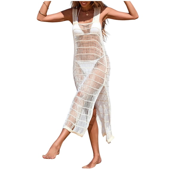 Lopeceal Swimsuit Cover Up For Women Sexy Crochet Hollow Out High Slit Sleeveless Bikini Cover Up Dress Summer Beach Vacation