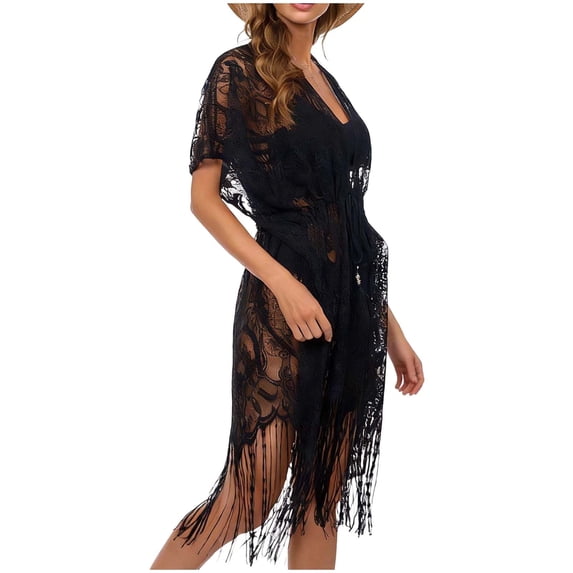 Lopeceal Swimsuit Cover Up For Women Sexy Lace Tassel Sheer Waist Drawstring Tie Bikini Cardigan Cover Up Dress Beach Vacation