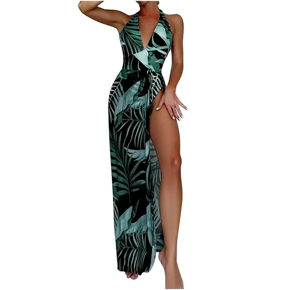 Lopeceal Swimsuit Plant Print Halter One-Piece Swimsuit and Beach Dress Sexy Swimwear Women Swimwear Beachwear