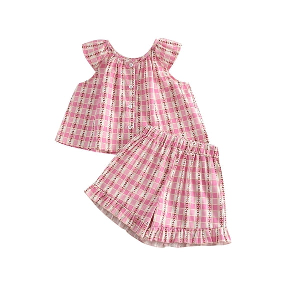 Lopeceal Toddler Girl Summer Outfits 2 Piece Ginham Small Floral Print Babydoll Peplum Tops and Pleated Shorts Sweet Cute 9M-5Y