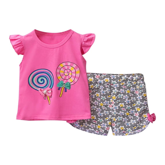 Lopeceal Toddler Girls Cute 2 Piece Outfits Lollipop Print Crew Neck Ruffle Sleeve with Bowknot Small Floral Print Shorts 2-9Y