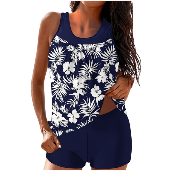 Lopeceal Two Pieces Tankini Set For Women Round Neck Printed Top Built-in Bralette with Shorts Bathing Suit