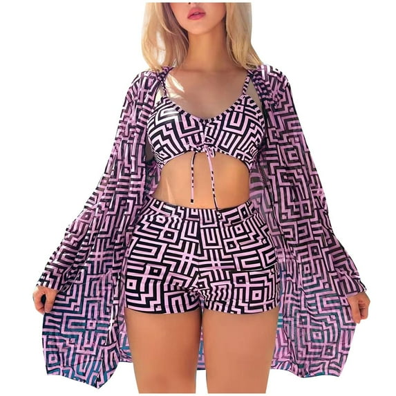 Lopeceal Women 3 Pieces Bikini Set Swimsuit Vintage Print Beach Cover up Kimono Swimwear Bathing Suit with Boy Shorts