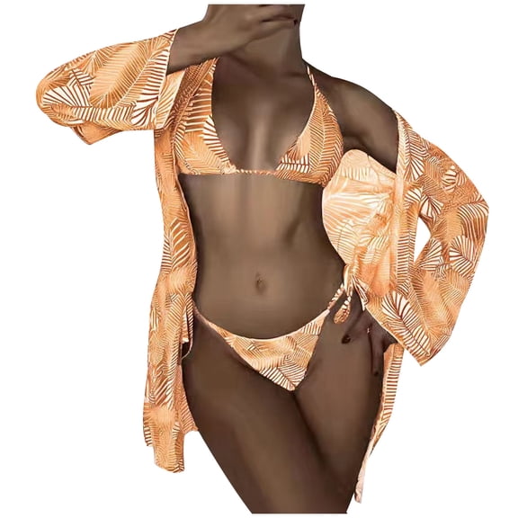Lopeceal Women Bathing Suit 3 Piece Swimsuit Drawstring Bikini Set Long Sleeve Beach Cover Up Boho Swimwear Set with Boy Shorts