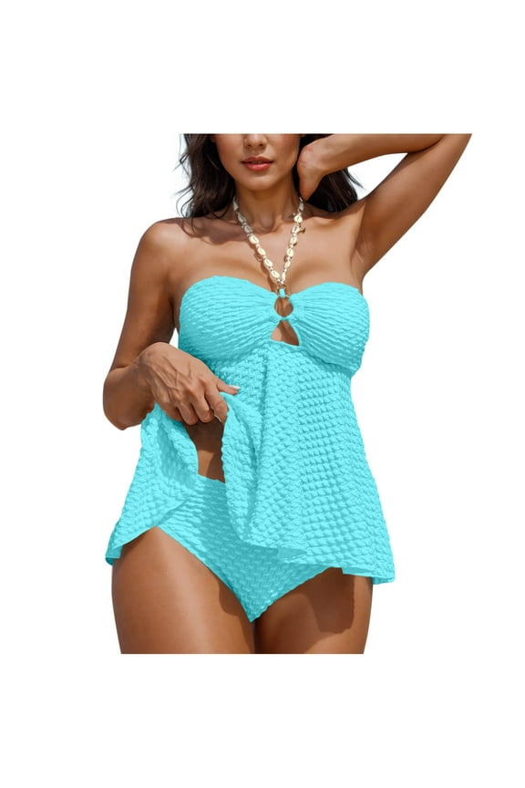 Women Bikini Set Shell Chain Halter Tummy Control Slimming Flowy Hem Swimsuit And Bottom Cheeky Beach Vacation